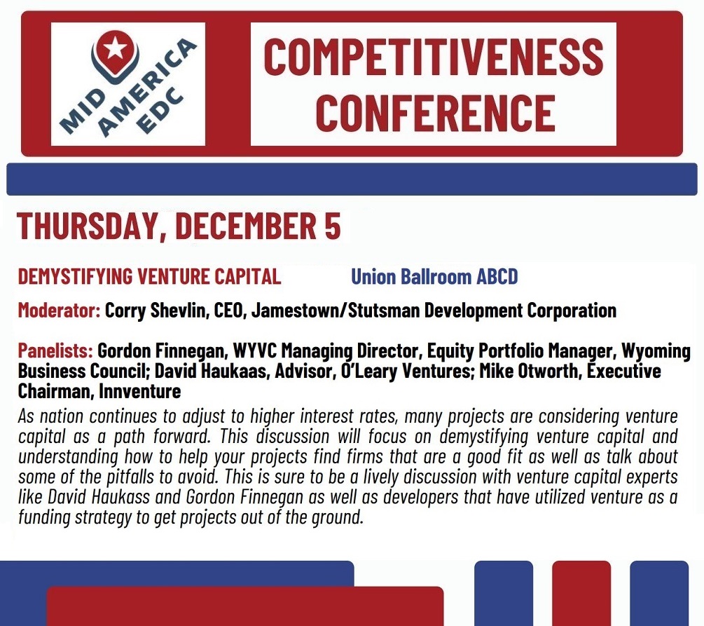 _MAEDC's tweet image. At the #MidAmericaEDC 2024 #CompetitivenessConference, the DEMYSTIFYING VENTURE CAPITAL panel will focus on demystifying venture capital &amp;amp; understanding how to help your projects find firms that are a good fit, as well as some pitfalls to avoid. midamericaedc.org/events-and-pro… #EconDev