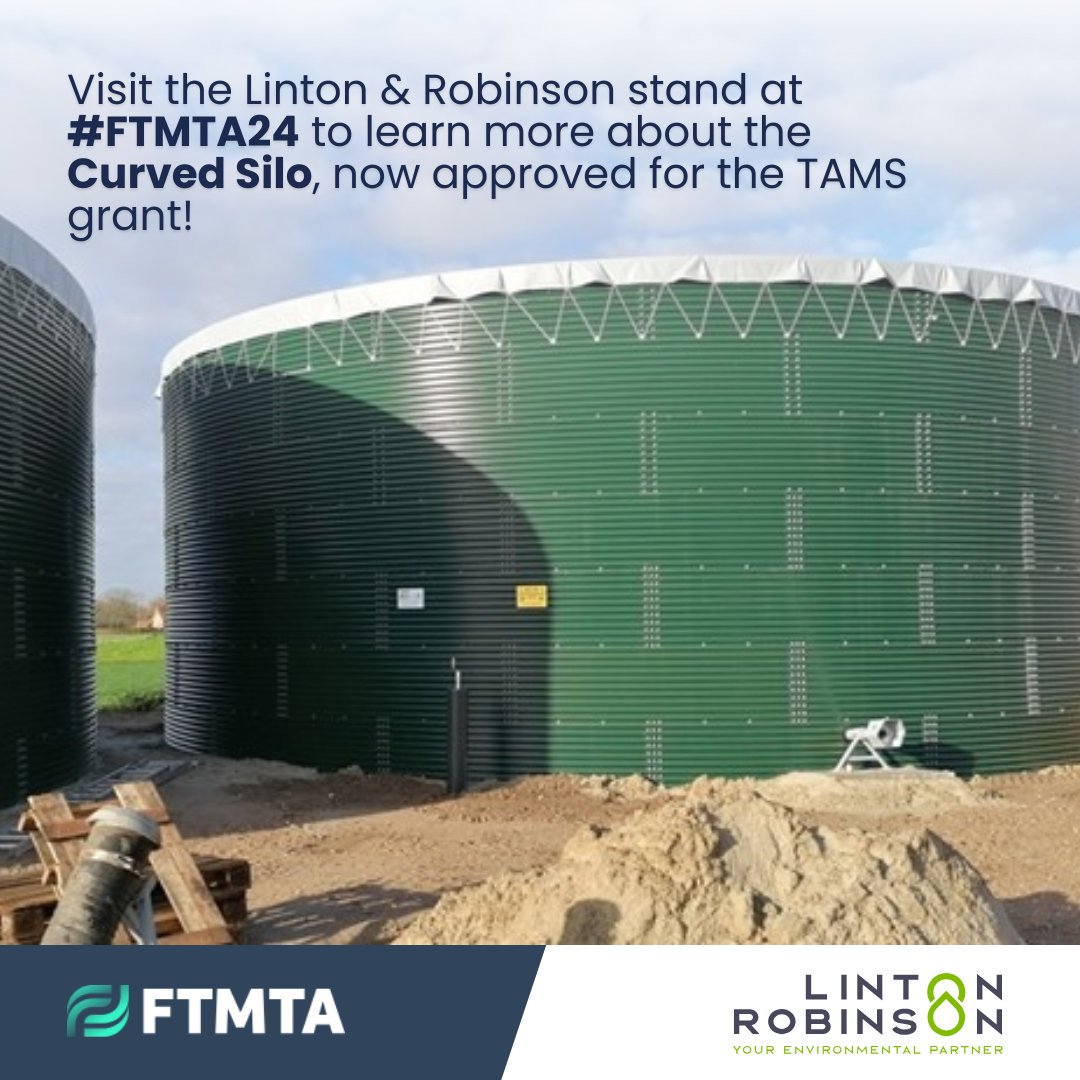Visit the Linton &amp; Robinson Environmental stand are #FTMTA24 where they will be introducing the innovative Curved Silo for slurry storage. Available in various sizes up to 2,232 m³ (491,040 gallons). 

🎟️Tickets here: bit.ly/4h76nxa 

#FarmMachinery #SlurryStorage