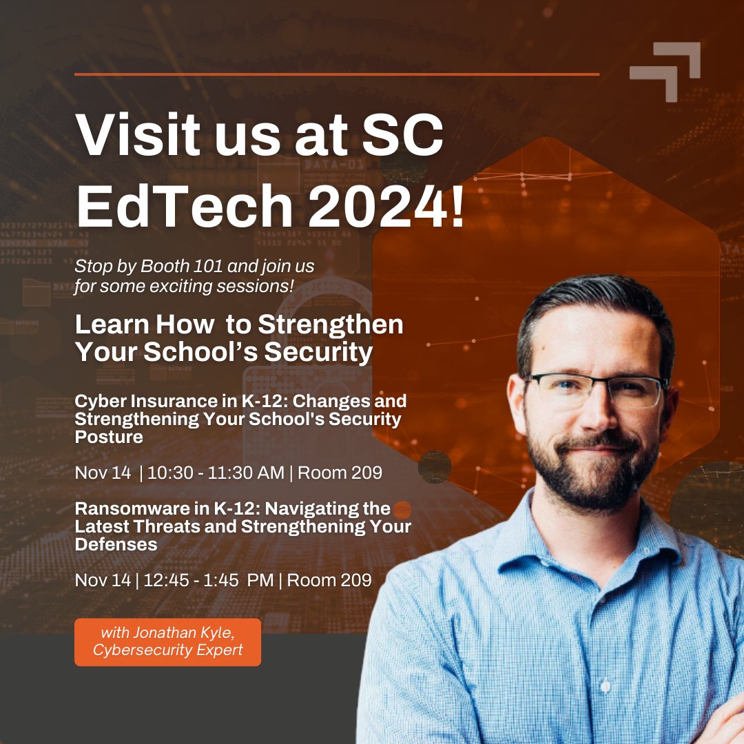 lockstepgroup's tweet image. 🚀 Ready for SC EdTech 2024? Catch Lockstep&apos;s Jonathan Kyle for two essential cybersecurity sessions!

🛡️ Cyber Insurance in K-12
📍Room 209 | Nov 14 | 10:30 AM

💻 Ransomware in K-12
📍Room 209 | Nov 14 | 12:45 PM

Join us to strengthen your district’s defenses! 👋 #SCEDTech2024