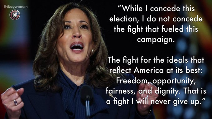 DUnitedGraphics's tweet photo. Kamala Harris is not giving up on fighting for our freedom, opportunity, fairness and dignity.

Americans who voted for her and even those who didn't  need to continue our fight for the same things.

Use your voices. They are still powerful and can change America.
#DemsUnited https://t.co/bI95RbKnKb