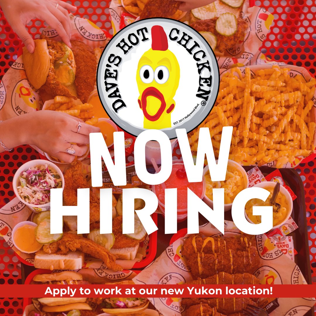 Our new <a href="/hotchickendaves/">daveshotchicken</a> location is coming to Yukon this Fall and we’re building a fun, energetic team to bring the heat‼️🔥 Apply now to be part of our crew at the link in our bio. 🐓