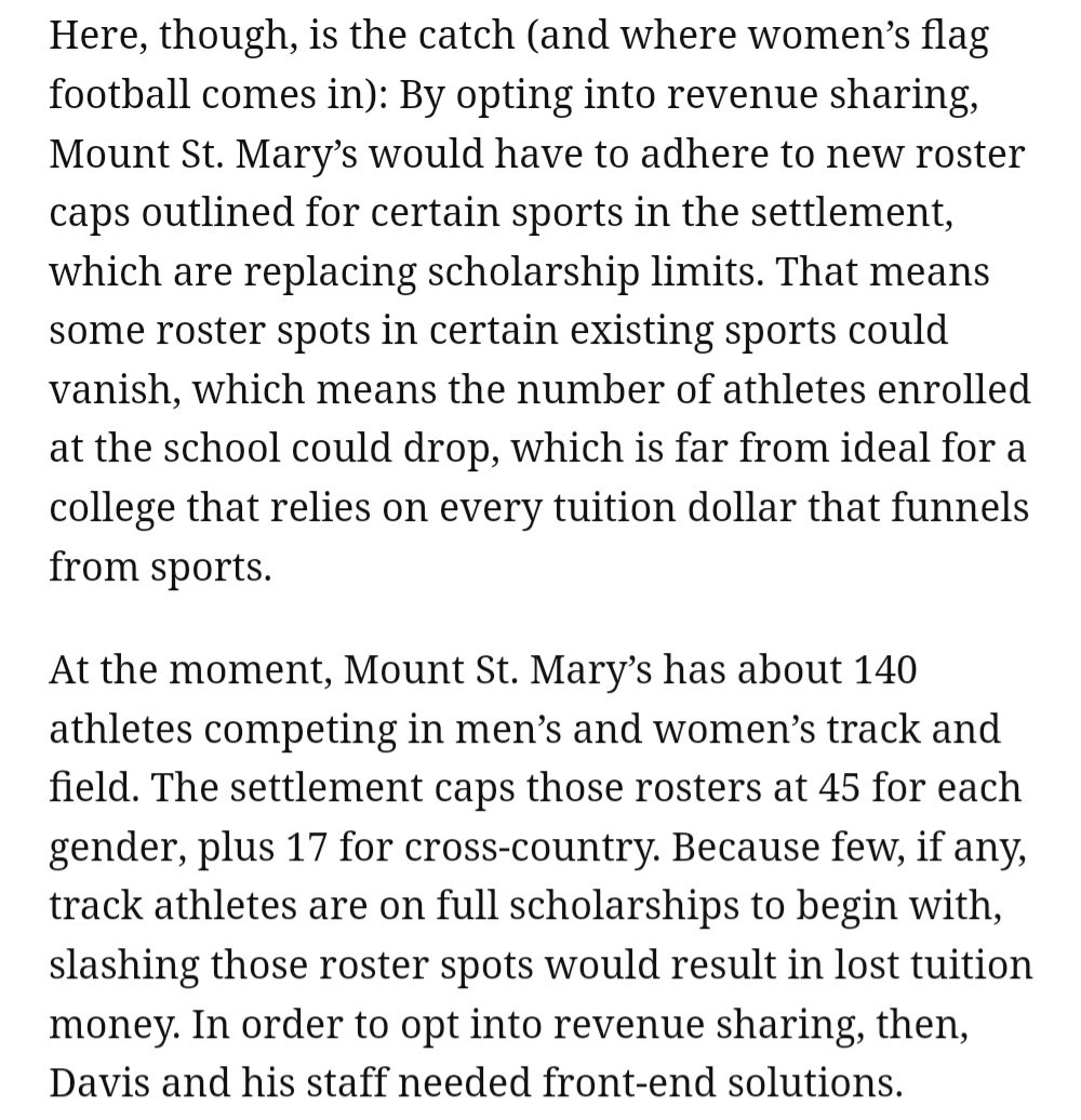 NIL vs NLI (@nilvsnli) on Twitter photo Tiny NCAA Division 1 Mount St. Mary's University plans to opt in to House rev-sharing. But due to roster limits, they'll face an enrollment drop as 42% of students are athletes. So, they added Women's Flag Football (by <a href="/dougherty_jesse/">Jesse Dougherty</a> of <a href="/washingtonpost/">The Washington Post</a>)
washingtonpost.com/sports/2024/11… Tiny NCAA Division 1 Mount St. Mary's University plans to opt in to House rev-sharing. But due to roster limits, they'll face an enrollment drop as 42% of students are athletes. So, they added Women's Flag Football (by <a href="/dougherty_jesse/">Jesse Dougherty</a> of <a href="/washingtonpost/">The Washington Post</a>)
washingtonpost.com/sports/2024/11…