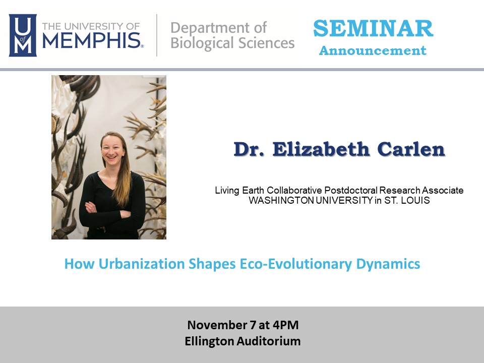 In today's seminar, Dr. Elizabeth Carlen from Washinton University in St. Louis will be our speaker.  Her topic is "How urbanization shapes eco-evolutionary dynamics".