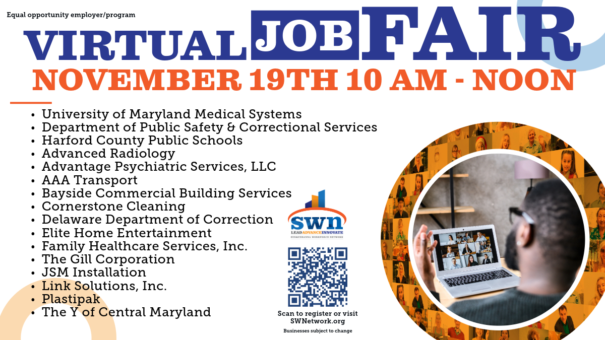 SWNJobsMD's tweet photo. ๐ Dive into your next career at our Virtual Job Fair! ๐
Nov 19, 10am-noon. Meet top employers & discover new opportunitiesโall from home! ๐ปโจ Free & fun! https://t.co/iFZeD3S9QZ
#SWNetwork #VirtualJobFair #JobHunt https://t.co/QjAhha5CT0