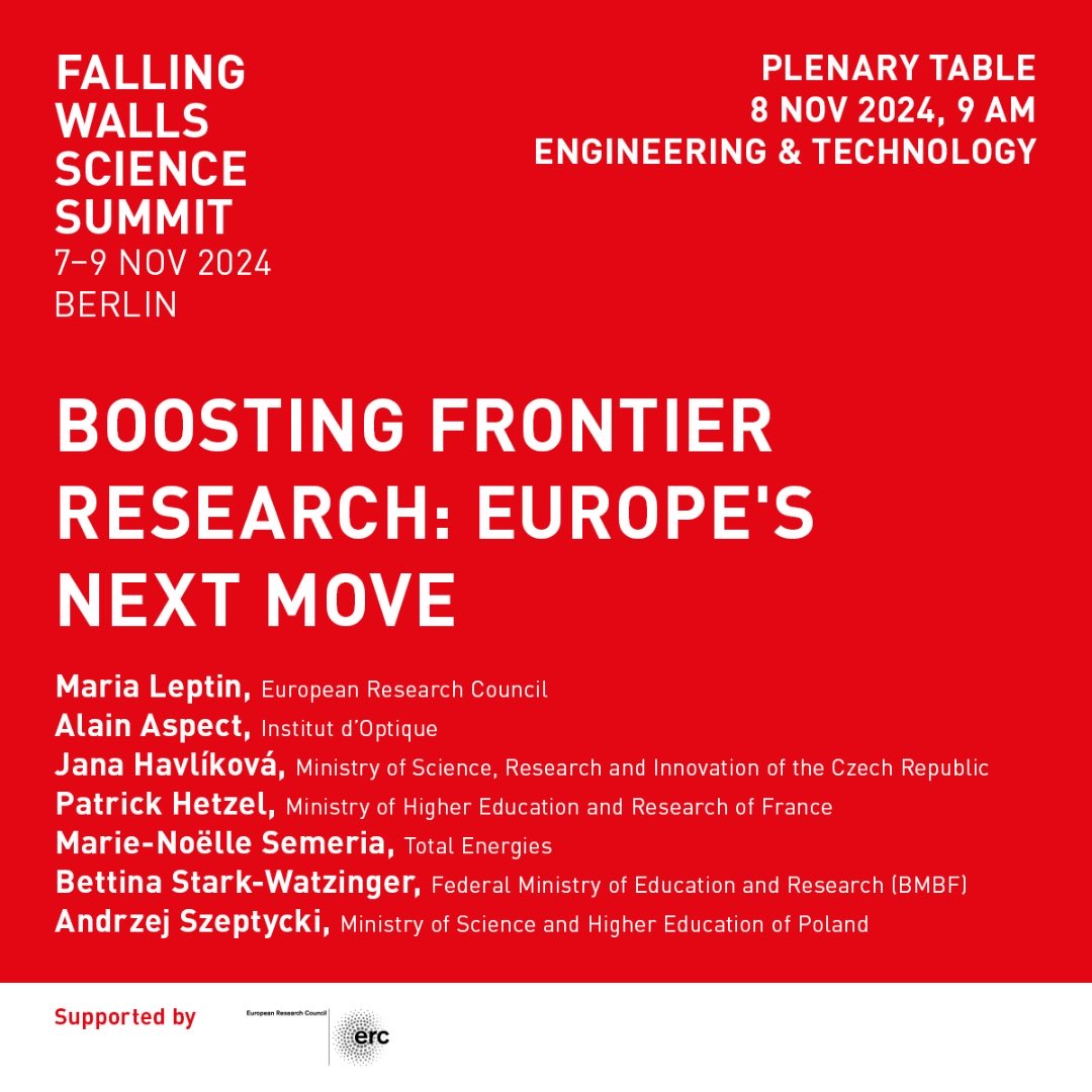 Join us for the ERC plenary on Europe’s future in frontier research.

Friday 8 Nov 9AM

With Ministers, Nobel laureate Alain Aspect, Totale Energies leader &amp; the ERC President.

Livestream:
falling-walls.com/programme/boos…
Find out more:
bit.ly/ERCatFW2024
