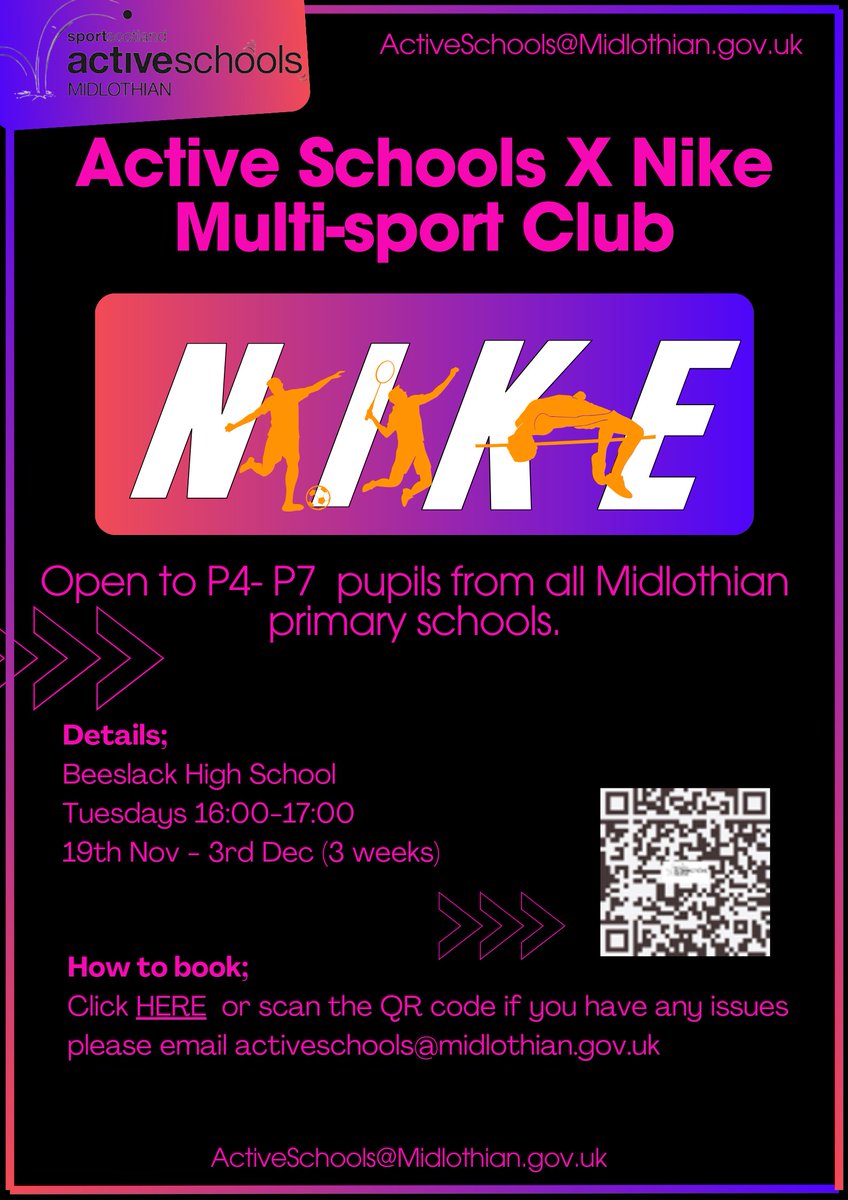 FREE Multi-Sport club at Beeslack CHS ⚽️🏀🏓

We're excited about our partnership with <a href="/Nike/">Nike</a> to offer all P4-7 pupils from Midlothian Primary schools the opportunity to take part in a free multi-sport club!

BOOK NOW; midlothian.legendonlineservices.co.uk/enterprise/pro…