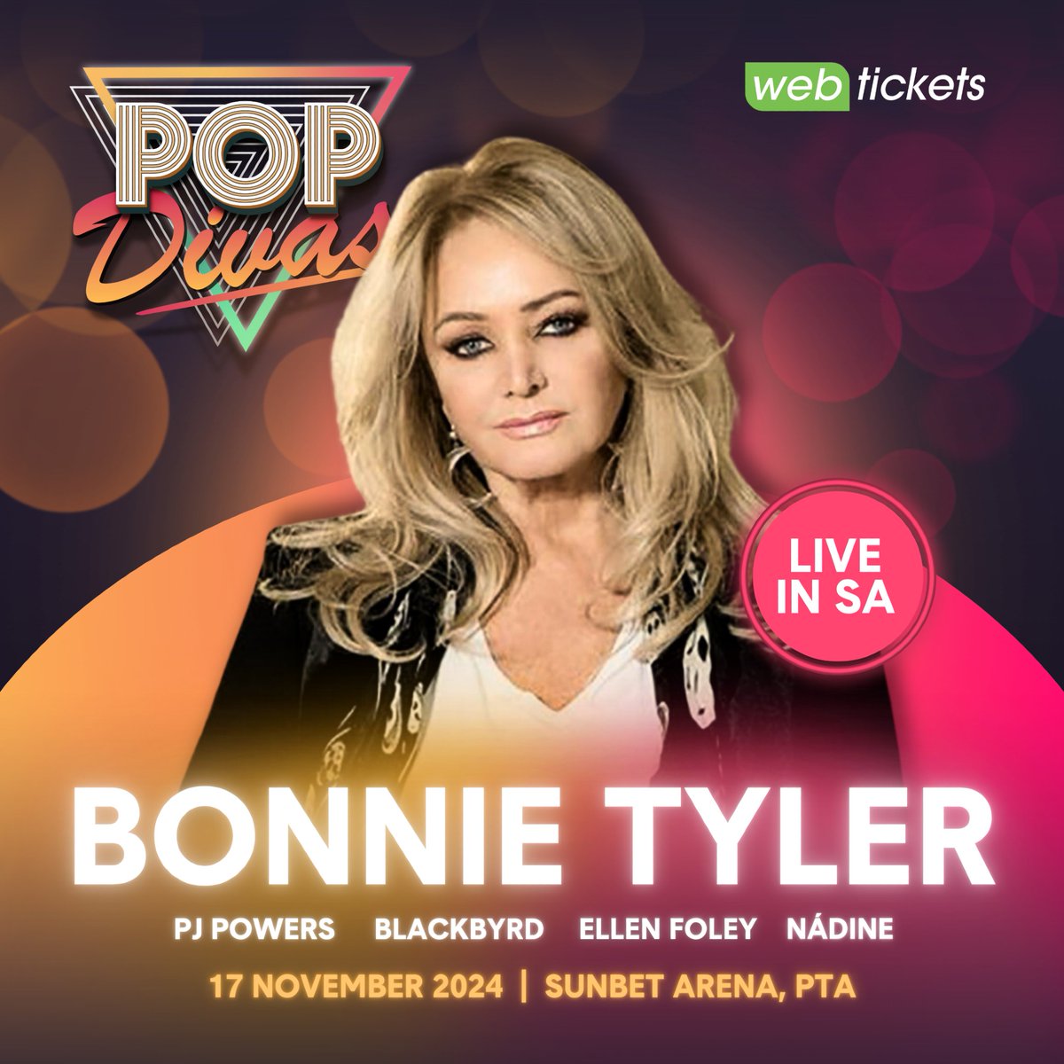 SOUTH AFRICA, I'm so excited to be back soon for POP DIVAS! Join us for an unforgettable night at the amazing SunBet Arena in Pretoria 🌟 I'm on the bill with the incredible Ellen Foley, PJ Powers, Nádine and BlackByrd.

🎟 Tickets are limited – grab yours now at Webtickets: