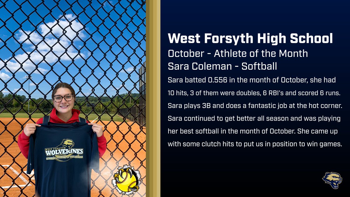 West Forsyth Athletics (@westforsythath) on Twitter photo Congratulations to Sara Coleman on being named the October Athlete of the Month for West Softball! <a href="/CoachKrat/">Tom Kratowicz</a> <a href="/westsoftball20/">West Forsyth Softball</a> Congratulations to Sara Coleman on being named the October Athlete of the Month for West Softball! <a href="/CoachKrat/">Tom Kratowicz</a> <a href="/westsoftball20/">West Forsyth Softball</a>
