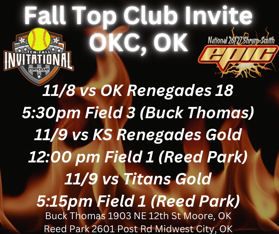 Back at it again this weekend in OKC!! Bracket will start Sunday morning. <a href="/epicnat08_shrum/">Epic National 26/27 Shrum,Smith</a> <a href="/BayMcKittrick/">Bailey McKittrick</a> <a href="/ShaleeRodriguez/">Shalee Rodriguez</a> <a href="/CoachAnthony31/">Anthony Whisenhunt</a> <a href="/coach_moralez/">Coach Moralez</a> <a href="/CoachChrismavs/">Chris Townsend</a> <a href="/TulsaSoftball/">Tulsa Softball</a> @edmondcoach5