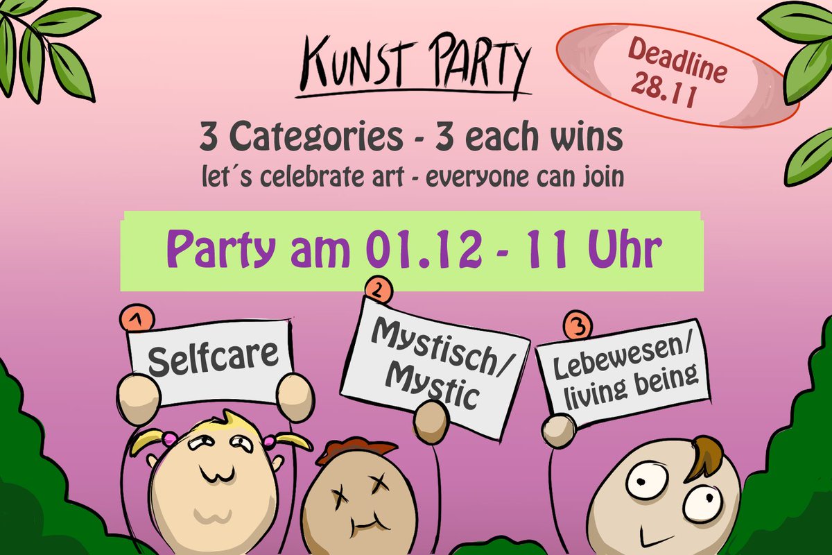 **𝕙𝕚𝕖𝕣 𝕜𝕠𝕞𝕞𝕥 𝕖𝕚𝕟 𝕂𝕦𝕟𝕤𝕥-𝕎𝕖𝕥𝕥𝕓𝕖𝕨𝕖𝕣𝕓**

Lasst uns Kunst zusammen feiern
Jeder darf mitmachen!! Es spielt keine Rolle ob ihr schon viel Zeichenerfahrung habt oder nicht. 

3 verschiedene Themen-Kategorien 
#GerVtuber #Vtuber #art  #TwitchDe #twitch #kunst