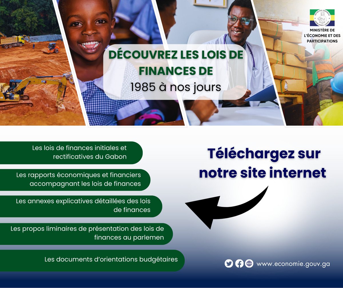 Sur le site internet du Ministère de l’Économie et des Participations, consultez en ligne et téléchargez librement les lois de finances, rapports économiques et orientations budgétaires publiés de 1987 à nos jours. 

#Gabon 

Cliquez ici pour y accéder : urlr.me/Vaw7Q