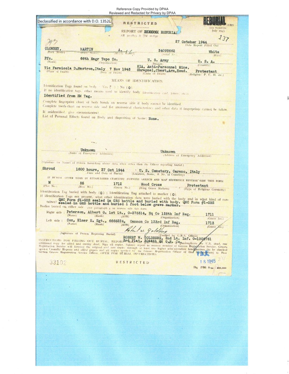 WW2Researcher's tweet image. PFC Martin A. Clowney, of Scranton, South Carolina, and the 66th Engineer Topographic Company, was killed by an anti-personnel mine at Farmicola di Mastron, Italy, on November 7, 1943, 81 years ago today. He was a graduate of Furman University. @WW2researcher @Furman_Alumni