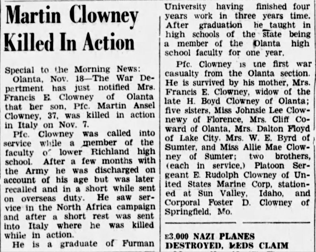 WW2Researcher's tweet image. PFC Martin A. Clowney, of Scranton, South Carolina, and the 66th Engineer Topographic Company, was killed by an anti-personnel mine at Farmicola di Mastron, Italy, on November 7, 1943, 81 years ago today. He was a graduate of Furman University. @WW2researcher @Furman_Alumni