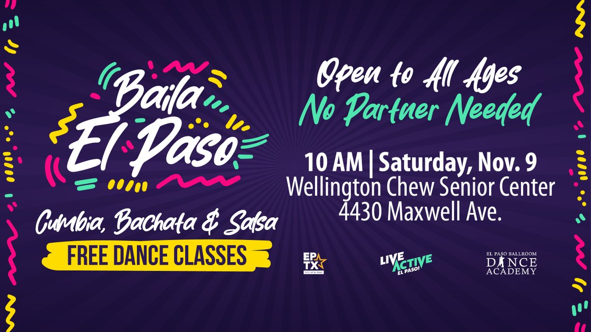 ElPasoTXGov's tweet photo. Now is your chance to take a FREE dance class courtesy of Live Active EP, EP Parks & Rec and El Paso Ballroom Dance Academy! Classes are open to all ages, and no partner is needed! See ya there! #LiveActive #LetsDance ๐๐๐ https://t.co/mXGUot7882