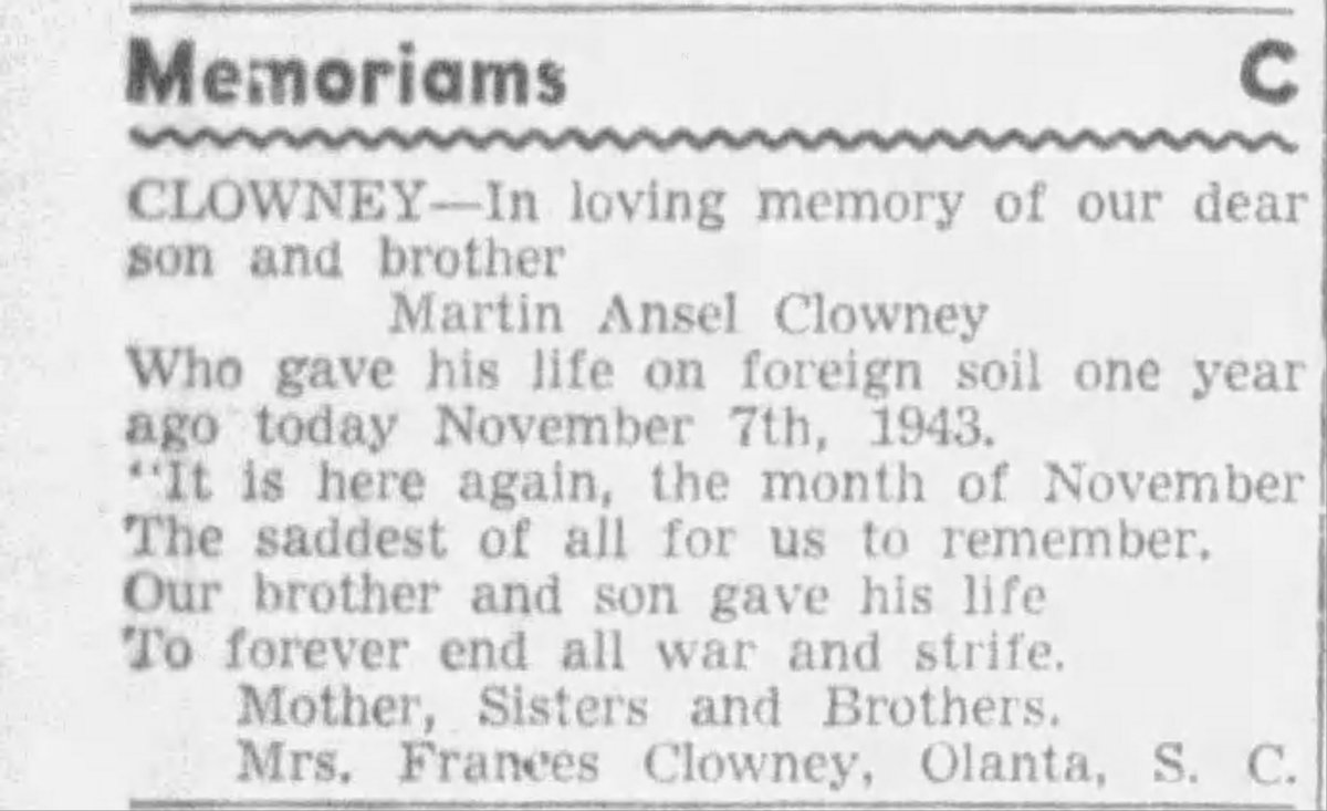 WW2Researcher's tweet image. PFC Martin A. Clowney, of Scranton, South Carolina, and the 66th Engineer Topographic Company, was killed by an anti-personnel mine at Farmicola di Mastron, Italy, on November 7, 1943, 81 years ago today. He was a graduate of Furman University. @WW2researcher @Furman_Alumni