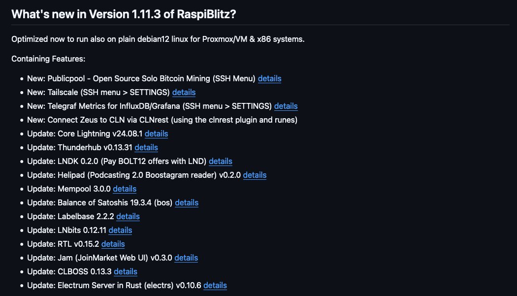 ⚡ Version 1.11.3 of RaspiBlitz Released ⚡

Optimized to run on plain Debian 12 Linux for Proxmox/VM and x86 systems. Now includes Publicpool for solo mining, Telegraf for Grafana monitoring, Tailscale and various improvements &amp; fixes.

Download: docs.raspiblitz.org/docs/setup/sof…