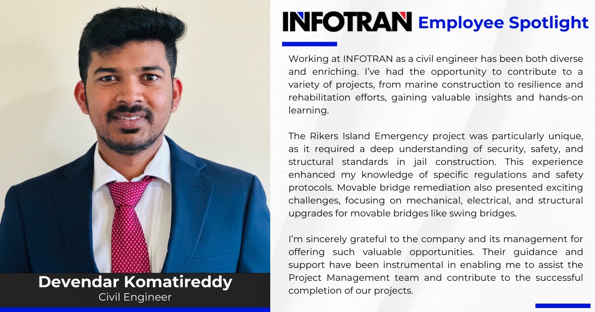 InfoTranPC's tweet photo. For this month's employee Spotlight, meet Devendar Komatireddy, one of our talented Civil Engineer. Devendar shared his thoughts on his journey within the INFOTRAN team! https://t.co/UKJhu7tQJn