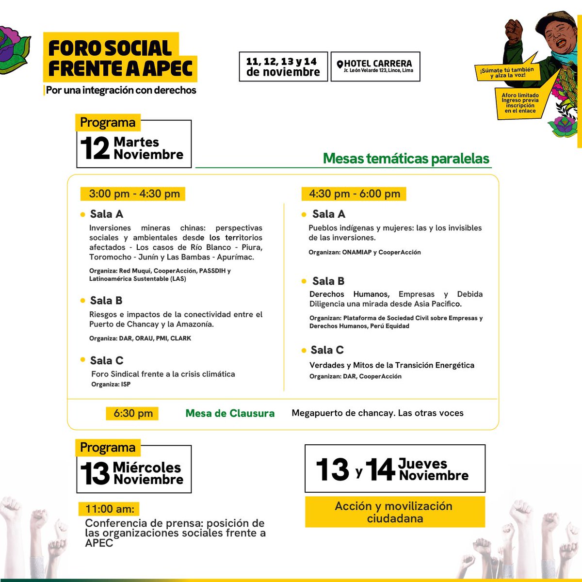 APECalternativo's tweet photo. ✊ Compartimos el Programa del Foro Social Alternativo frente al #APEC2024 . 🌏✨ Del 11 al 14 de noviembre, únete al Foro Alternativo de la APEC 2024 . 
✊A través de encuentros y mesas paralelas, debatiremos sobre el desarrollo económico de Perú desde una perspectiva de derechos humanos. Reflexionaremos sobre cómo avanzar en economía y desarrollo, sin dejar de lado los derechos laborales, el respeto a la naturaleza y la justicia social.
⚠️ Aforo limitado. ¡Inscríbete aquí! 👇 https://t.co/SQ8c3oSJKO