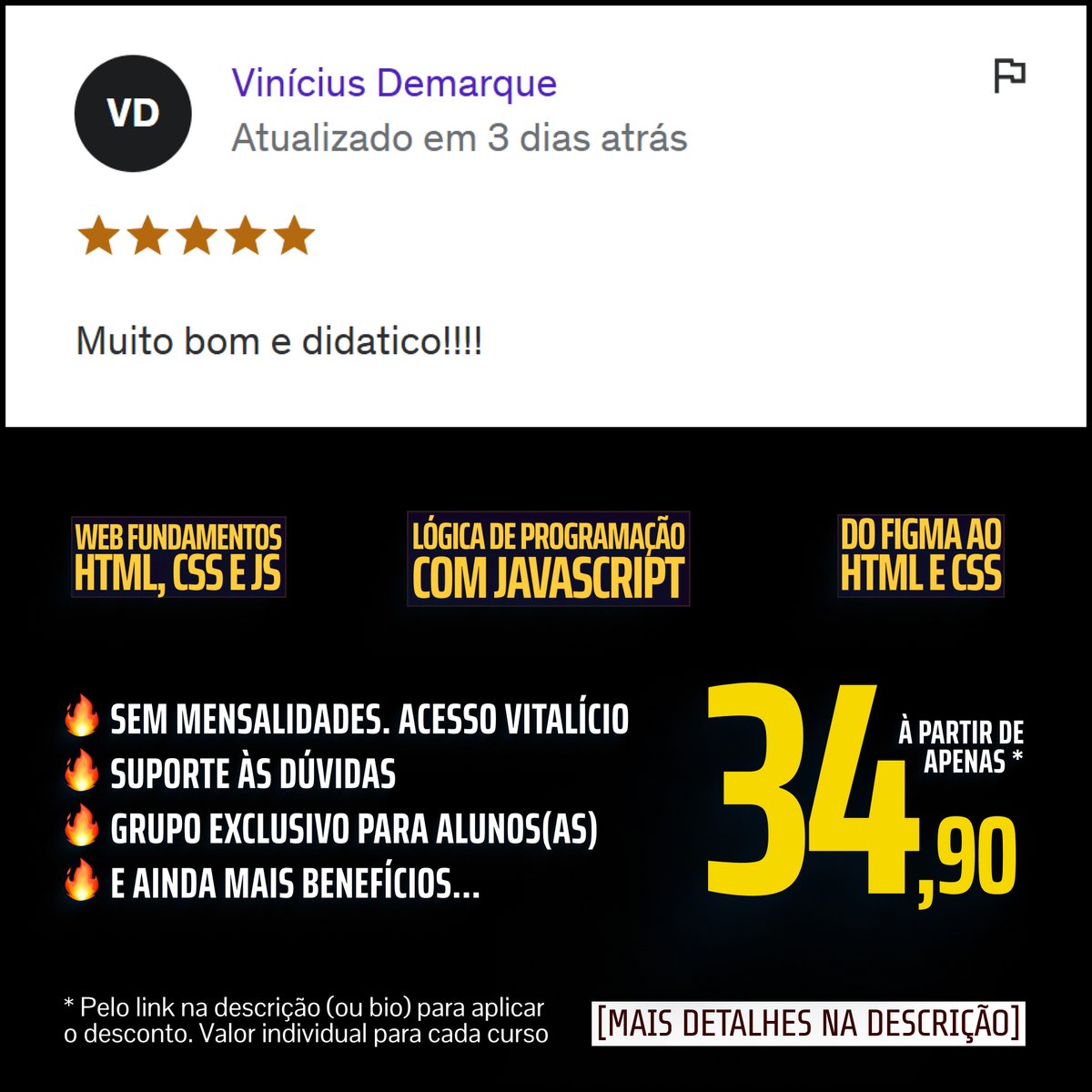 serlivcursos's tweet image. Veja nossos cursos:
- bit.ly/js-logica-prog
- bit.ly/css-html-js
- bit.ly/figma-html
#programação #lógicaDeProgramação #algoritmo #AprenderLógica #javascript #htmlcss #aprenderProgramação #programador #html #css #AprenderWebDesign #webdesign #frontend