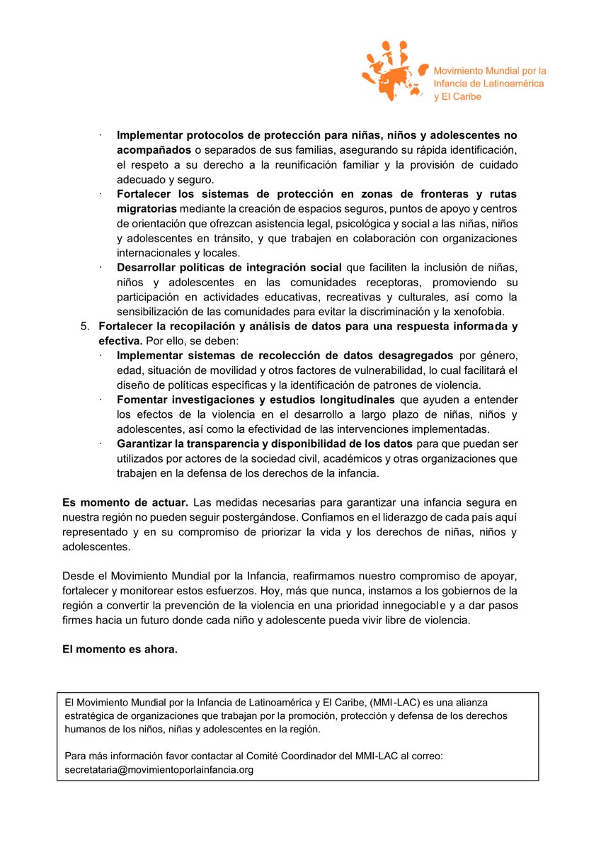 📢 ¡Llamado a la Acción!
🗓️ En la 1ra Conferencia Ministerial para Poner Fin a la Violencia contra la Niñez en Bogotá, Colombia, pedimos un cambio urgente para erradicar todas las formas de violencia contra los niños, niñas y adolescentes en nuestra región. ¡Es momento de actuar!