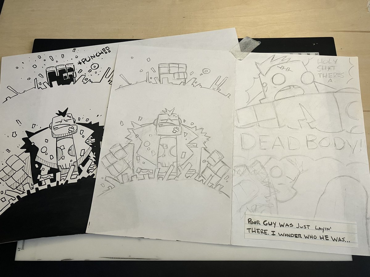 mightybotstudio's tweet photo. OH SNAP! Another page inked and experiments with lettering boxes. I’m having a ball on this little book, and I hope you will too. I think it may need some fake ads inside tho. #indiecomics #diy #DIYcomics #punk #punkrock https://t.co/0ZQSuP22xr