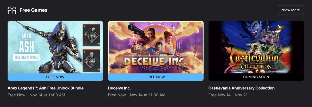 Wario64's tweet image. Deceive Inc. &amp;amp; Apex Legends: Ash Unlock Bundle are free on Epic Games Store. Castlevania Anniversary Collection is the next free title buff.ly/3Y5zGHT