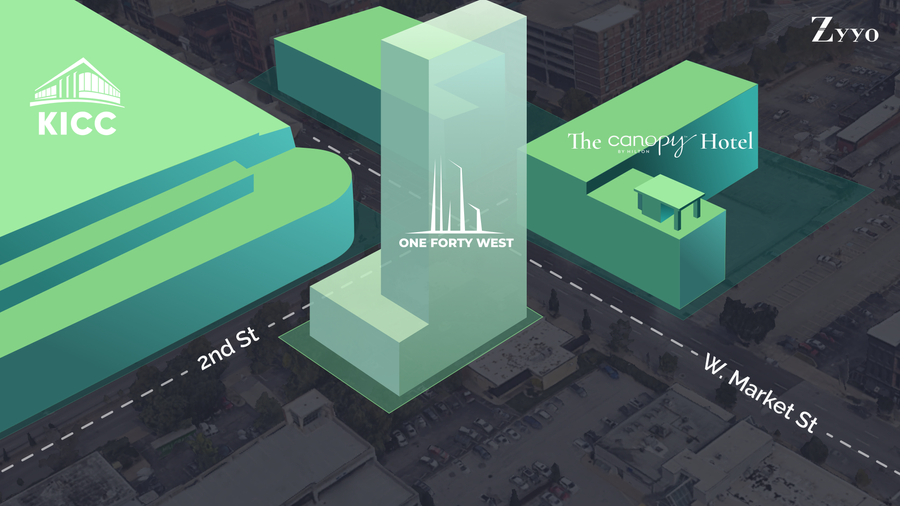 Downtown_Lou's tweet photo. New York City-based commercial real estate development firm Zyyo has officially closed the deal to buy land for the highly anticipated 27-story Downtown tower.

The planned development, named One Forty West, will feature a 300-room hotel on the corner of 2nd and Market Streets. https://t.co/A8bElruL8W