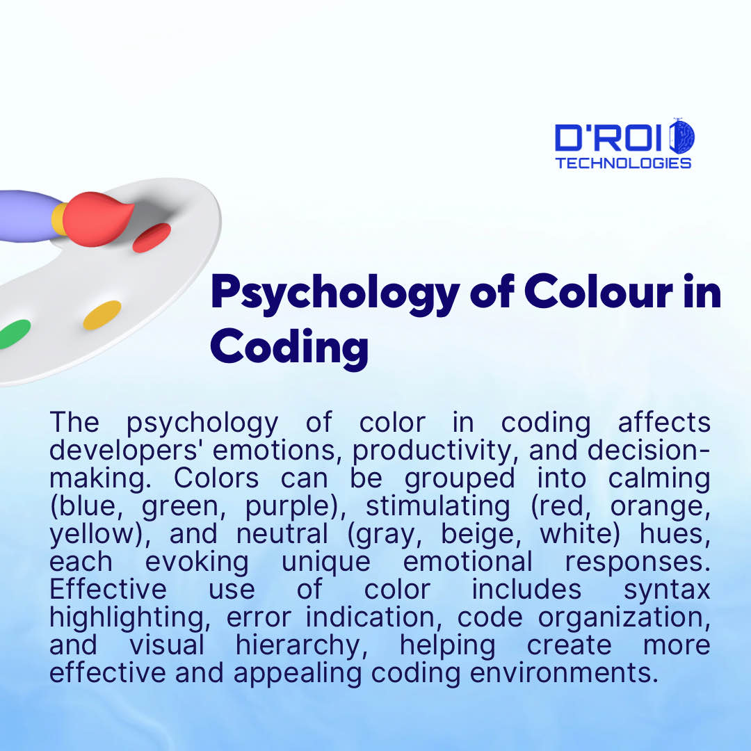Droidtechn's tweet image. The psychology of color in coding plays a significant role in influencing developers&apos; emotions, productivity, and decision-making. Colors can be categorized into calming (blue, green, purple), stimulating (red, orange, yellow), and neutral (gray, beige, white) hues.