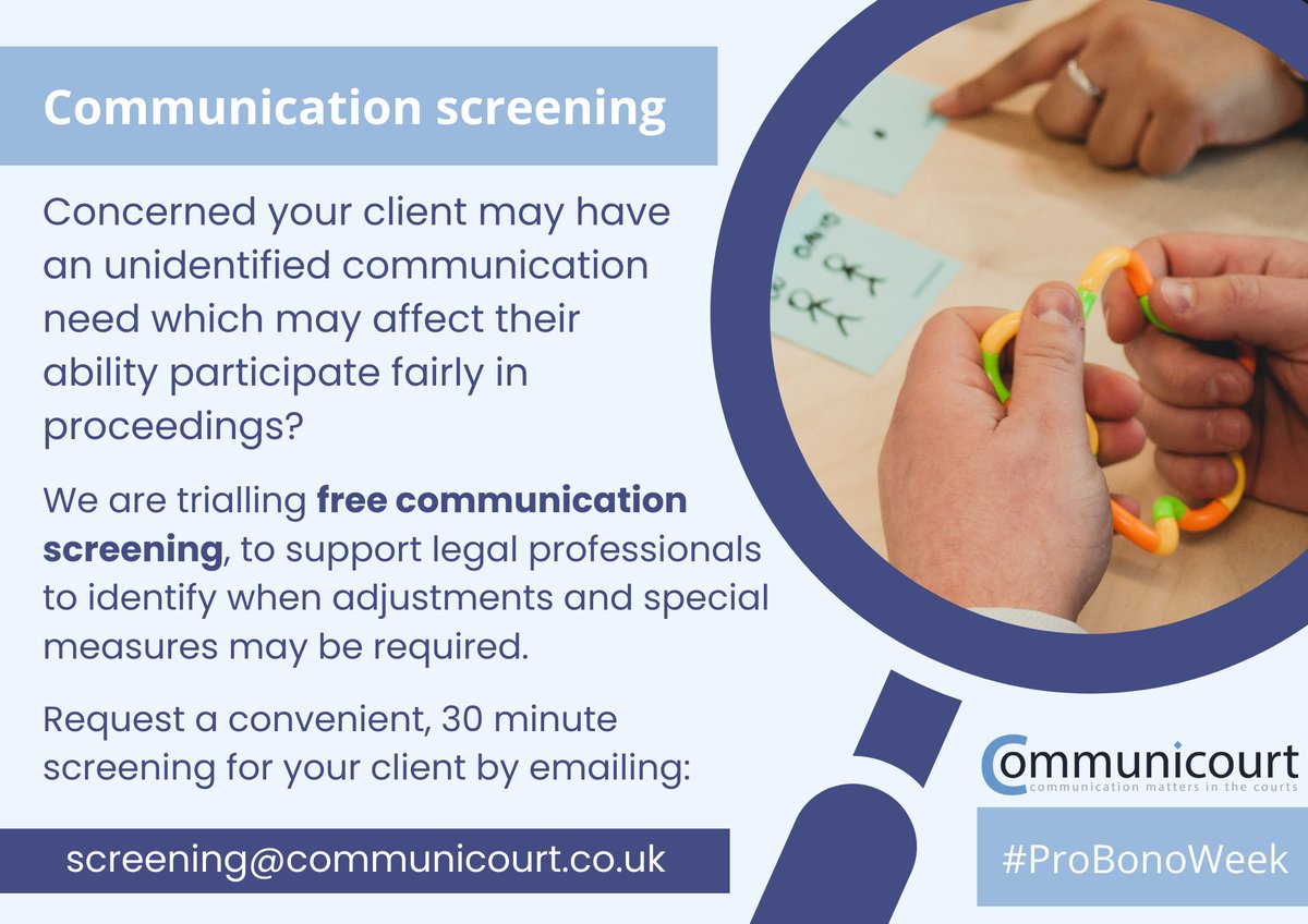 Communicourt (@communicourt) on Twitter photo It's #ProBonoWeek and we are piloting a free screening service to support legal professionals who suspect their client may have a communication need. To find out more or access this service for your organisation, please get in touch at screening@communicourt.co.uk It's #ProBonoWeek and we are piloting a free screening service to support legal professionals who suspect their client may have a communication need. To find out more or access this service for your organisation, please get in touch at screening@communicourt.co.uk