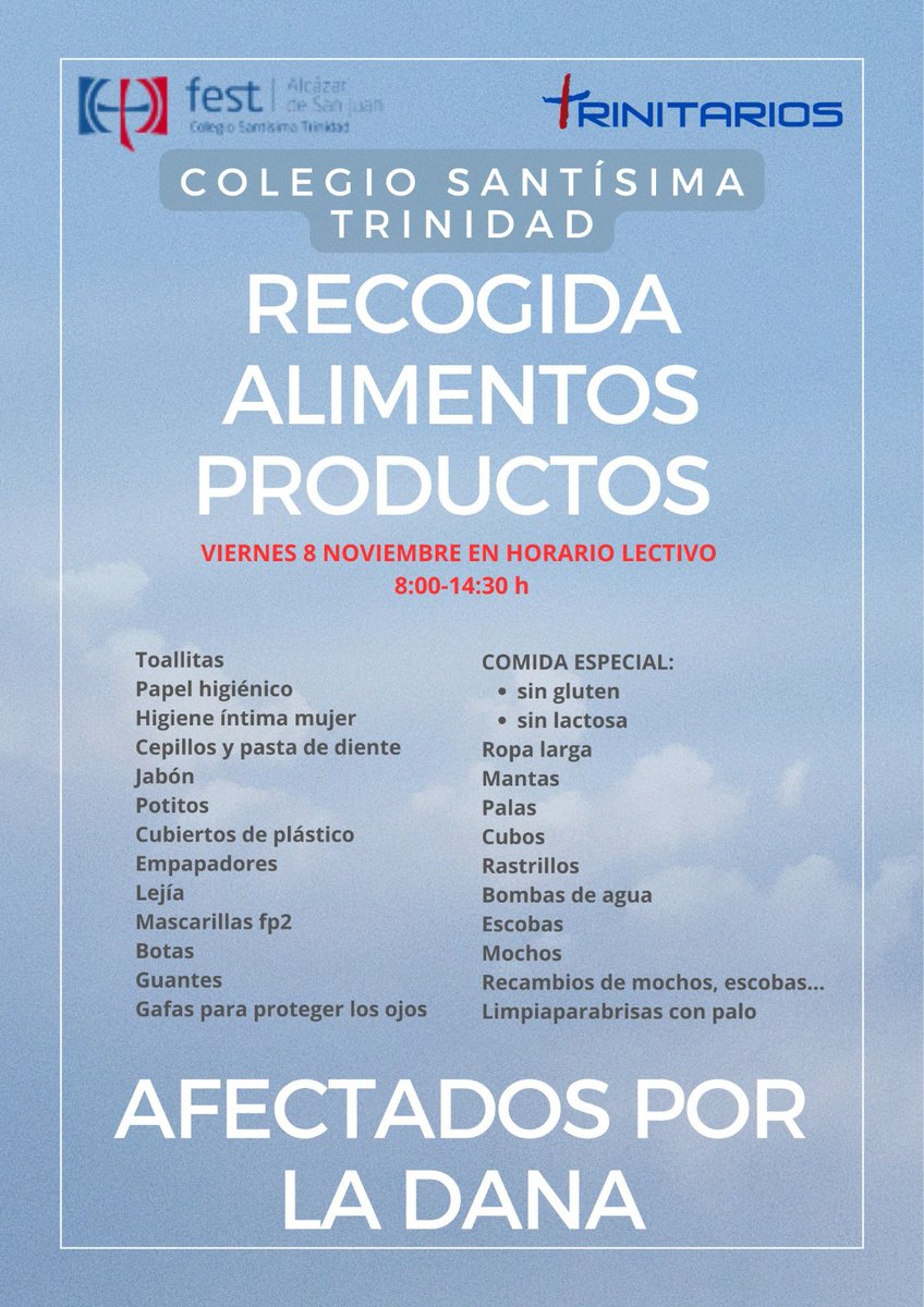 Desde nuestro Centro también queremos unirnos a la recogida de alimentos y otros productos para los afectados por la DANA. En estos días está teniendo lugar la recogida de algunos productos. #ContigoCambiaTodo
