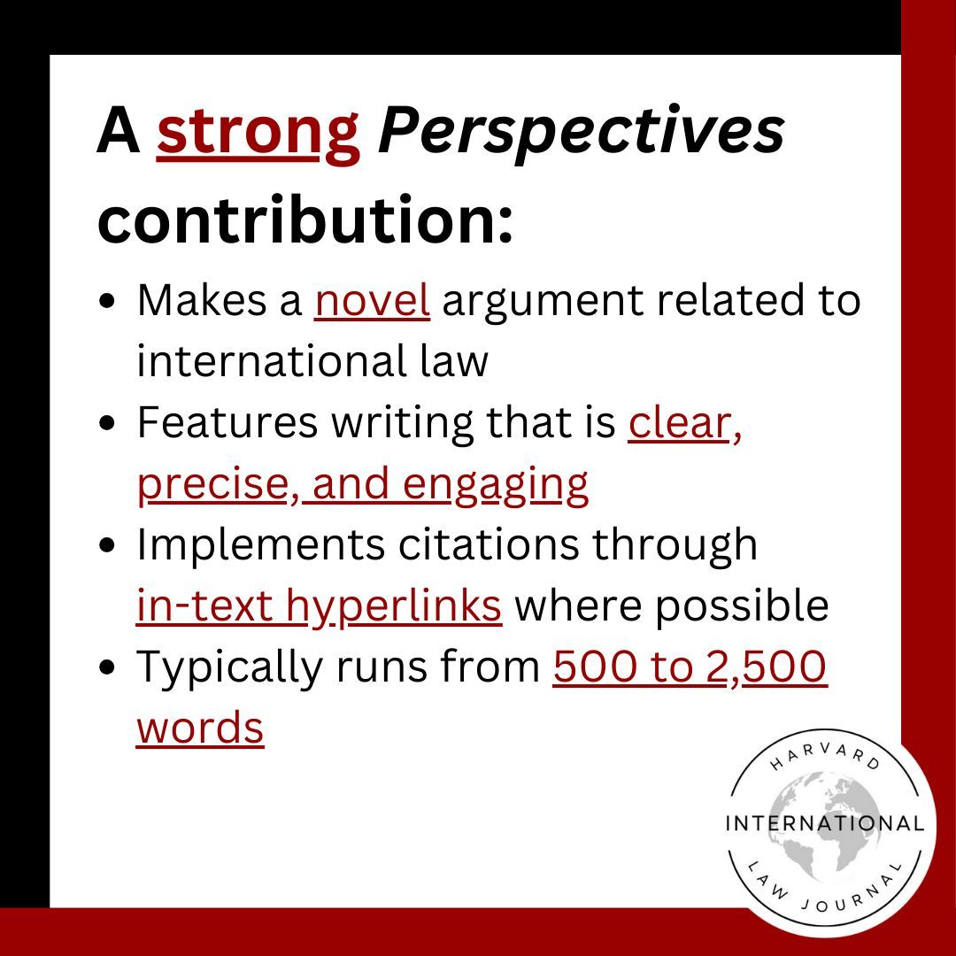 Reminder: Submissions for Perspectives is OPEN. Submit your short-form scholarship today: lnkd.in/eyB75ZUH

HILJ Online publishes short-form academic scholarship on all areas of international law. See our past Perspectives publications here: lnkd.in/e7NnrZqm