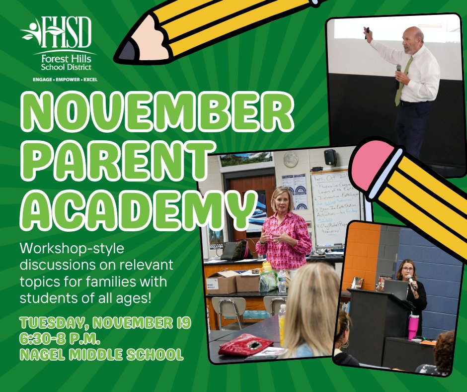 Topics have been announced for the November Parent Academy! Register for discussions related to you and your student.

📅 Tuesday, November 19
🕡 6:30-8 p.m.
🏫 Nagel Middle School

More info: foresthills.edu/district-news/…
