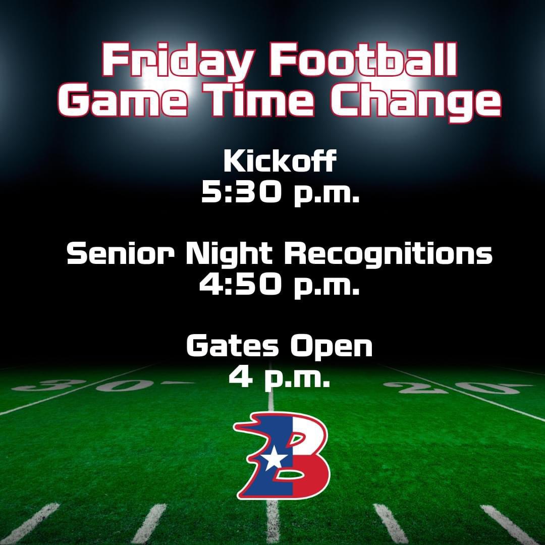 Friday's home football game against Athens in Panther Stadium has been moved up to 5:30 p.m. Senior Night recognitions will begin at 4:50 p.m. 

We will continue to monitor weather predictions and communicate additional updates as needed.