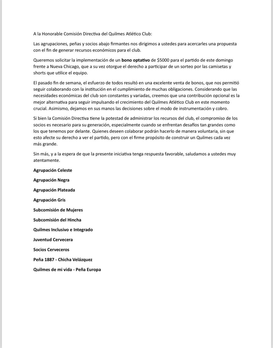 Diferentes agrupaciones, peñas y subcomisiones sugerimos a la CD la siguiente iniciativa para seguir ayudando al club en esta etapa tan importante. Es un bono *optativo* que permite participar por el sorteo de las camisetas y shorts de los jugadores. Quilmes nos necesita a todos