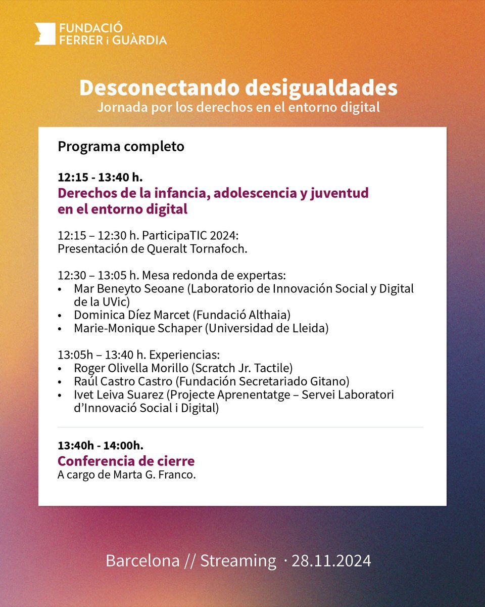 🗓️28/11 | Jornada #DesconectandoDesigualdades

🔝 <a href="/mila_sainz/">Mila Sainz</a> #GenTIC hablará de cómo acabar con las #BrechasDigitales de #género y garantizar los derechos de la infancia, adolescencia y juventud.  

⏰9:45 h 
Palau Macaya (BCN) y en línea

🔗Inscripciones
ferrerguardia.org/ca_ES/event/de…