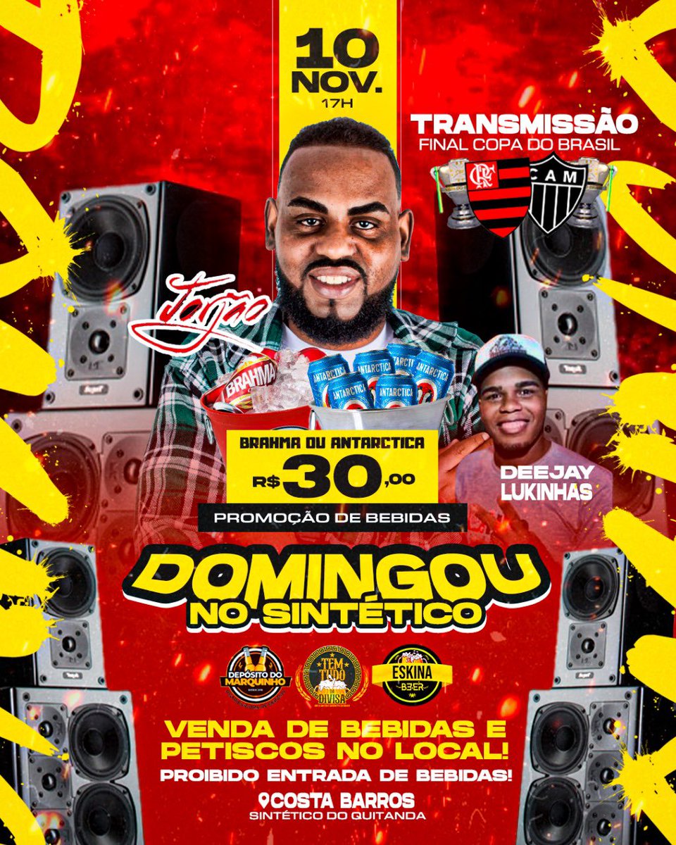 DOMINGOU NO SINTÉTICO 🔥🥳 ESKINA BEER🔥✅️

DIA 10 ✔

Transmissão do Jogo AOVIVO ⚽️

CANTOR JORJÃO MUITO PAGODE AOVIVO ✅️

NOS INTERVALOS DJ LUKINHAS✅️🔥

PROMOÇÕES DE BEBIDAS E PETISCOS A VENDA NO LOCAL ✅️🍻🥩

Proibido entrada de bebidas❌️

Sintetico do QTD📍