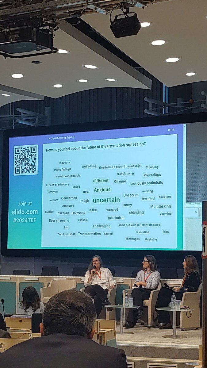Llegamos al momento de las preguntas a la audiencia: ¿cuál es el sentimiento que define el futuro de la #traducción? 

Incertidumbre, ansiedad y diferente son tres de las palabras que destacan el sentimiento de la audiencia en el #TEF2024

🧩 Nosotros creemos que es estimulante!