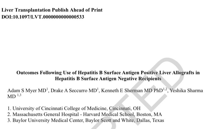 Adam Myer MD (@md_myer) on Twitter photo Coming in hot!
Proud to have this published.
Detailing our experience at University of Cincinnati using HBsAg+ liver allografts into HBsAg- recipients!
<a href="/UCMCGIHEP/">University of Cincinnati GI and Hep</a> <a href="/LuisLaraMD/">LuisLaraMD</a> <a href="/LiverDoc1/">Mick Schoech, MD</a> Coming in hot!
Proud to have this published.
Detailing our experience at University of Cincinnati using HBsAg+ liver allografts into HBsAg- recipients!
<a href="/UCMCGIHEP/">University of Cincinnati GI and Hep</a> <a href="/LuisLaraMD/">LuisLaraMD</a> <a href="/LiverDoc1/">Mick Schoech, MD</a>