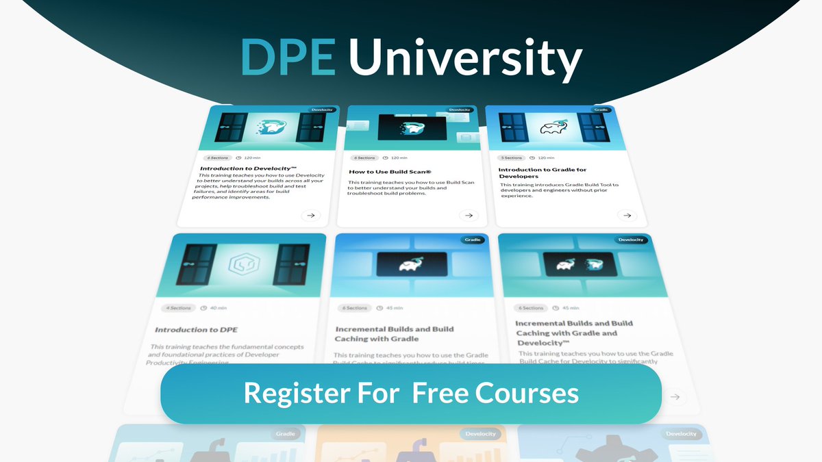 gradle's tweet image. 🏅 Get your team certified in Developer Productivity Engineering! 

Featured #DPEU course: "Introduction to DPE" 

✅ About: Covering a number of #DPE concepts, such as strategies and principles behind improving development workflows, accelerating feedback cycle times, and