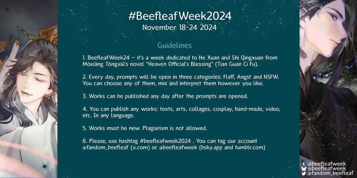fandom_beefleaf's tweet photo. Hi, beefleaf nation! In case u haven’t heard, we're delighted to announce prompts and guidelines for #beefleafweek2024
🌿 You just have to choose the theme you like the most to create any type of fanwork
🍖 Join us, we are looking forward to what you have to share with us! https://t.co/OhfS5SoFUH