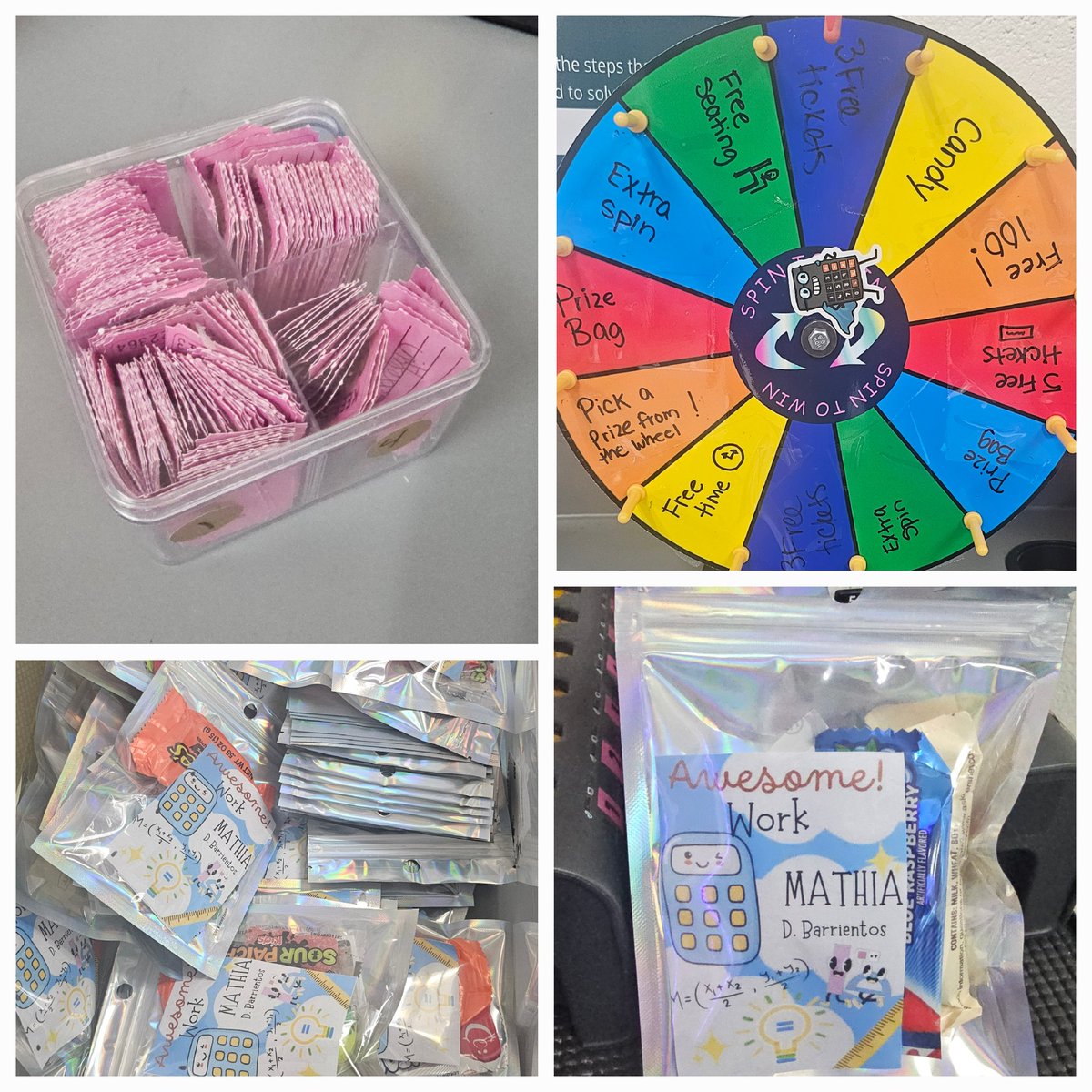 ohso_koko's tweet photo. I love the "prize bag" this teacher put together as a MATHia Wheel prize!
Students earn a ticket for each workspace completion/mastery. Three times per week, there's a ticket drawing for a chance to spin the wheel. @lajoyaisd
@carnegielearn #MATHia #longlivemath https://t.co/l6ttI5IaWF