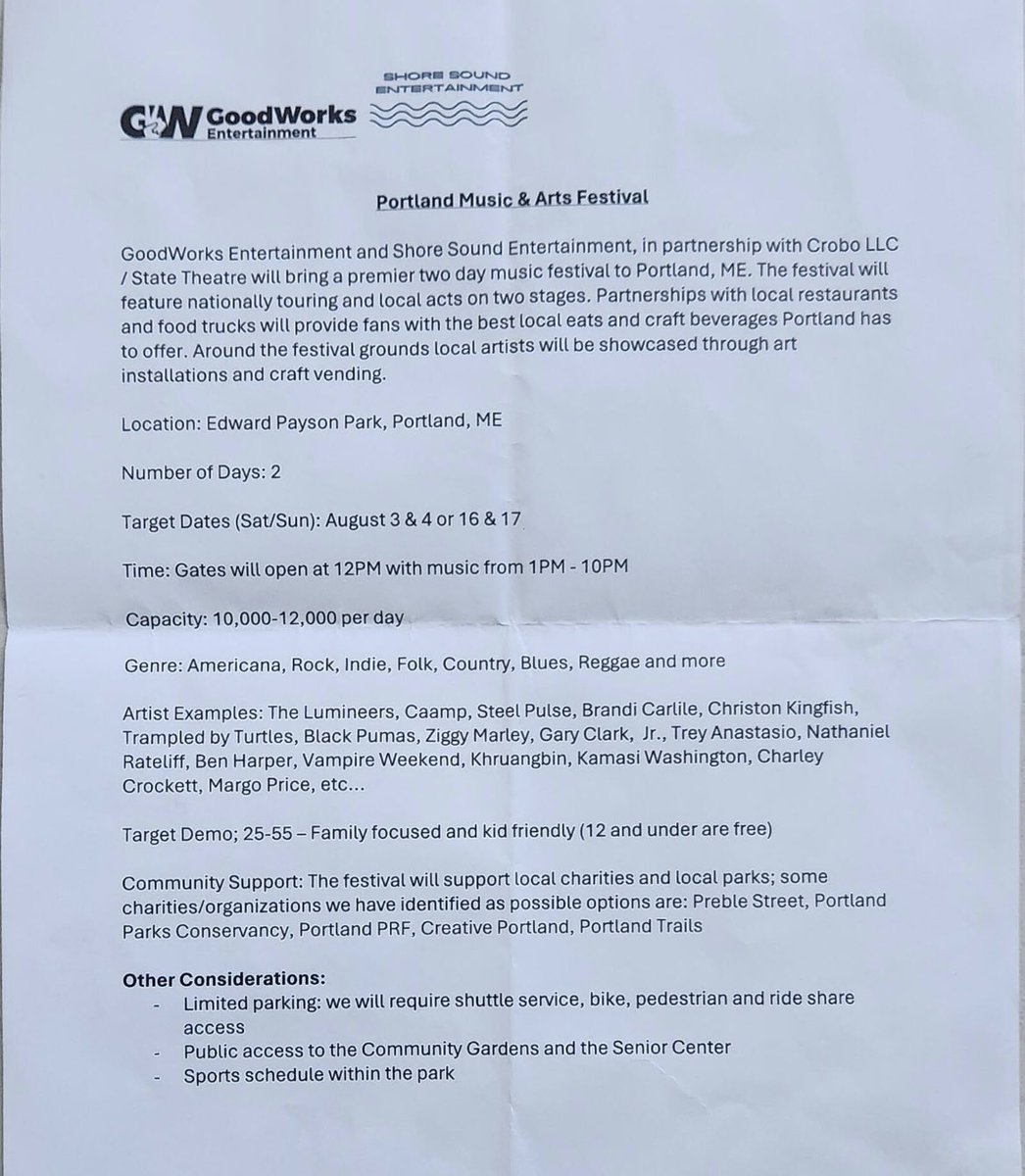 Reminder: Tonight’s Parks Commission meeting includes a presentation on the proposed musical festival in Payson Park. Public comments will be taken. 

Meeting details: In-person at 5pm, at 212 Canco Rd. Suite A

Goodworks’ Application: portlandme.portal.civicclerk.com/event/6748/fil…