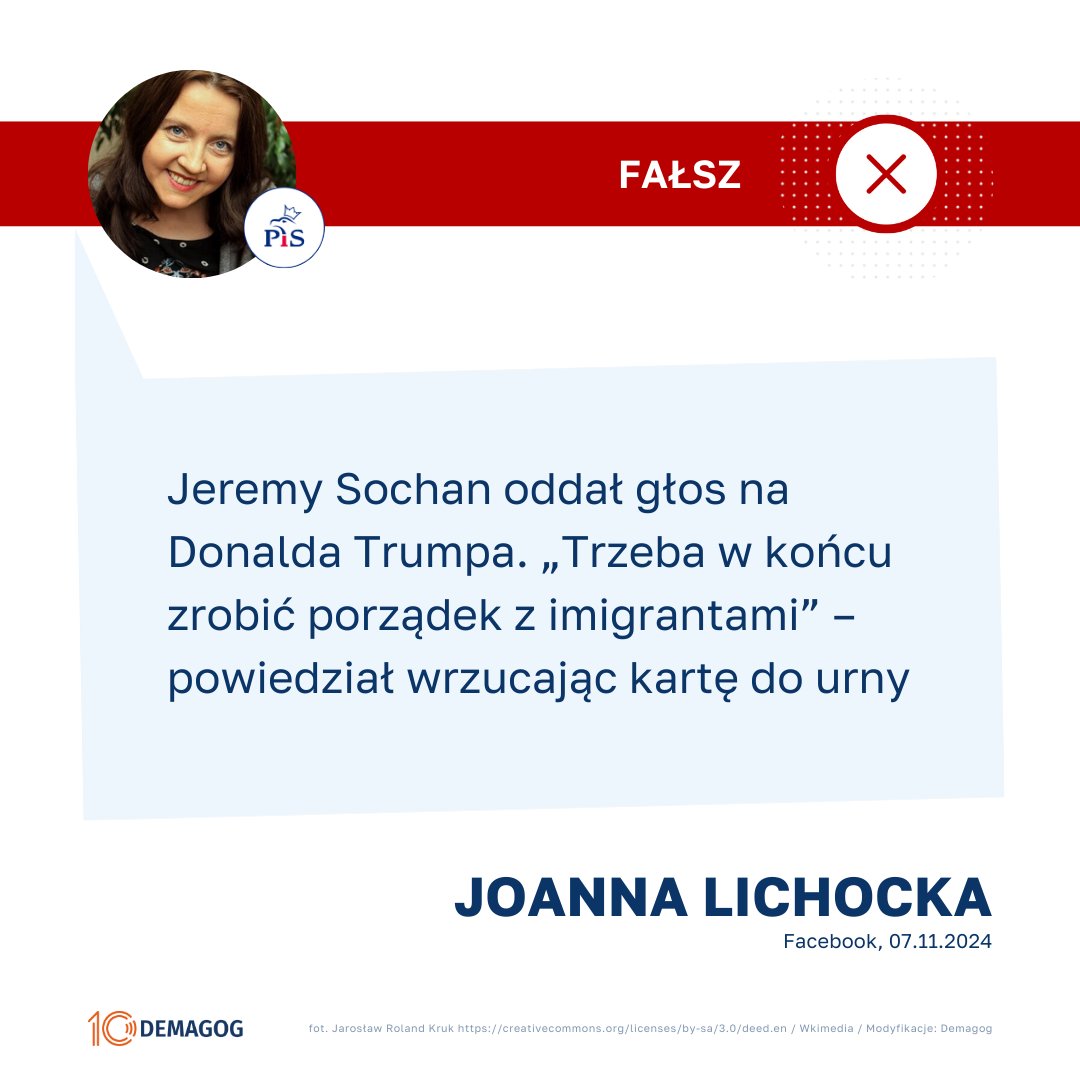 📲 Joanna Lichocka zamieściła wpis informujący jakoby <a href="/JeremySochan/">Jeremy Sochan</a> oddał swój głos na <a href="/realDonaldTrump/">Donald J. Trump</a> w zakończonych 5 listopada wyborach prezydenckich w USA.

❗  Koszykarz nie określił nigdzie publicznie, którego kandydata popiera. Nie wypowiedział także słów: „Trzeba w końcu