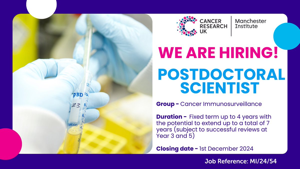 CRUK Manchester Institute (@cruk_mi) on Twitter photo New positions available! We are recruiting for several Postdoctoral Scientist positions to join <a href="/giampazolias/">Evangelos Giampazolias</a> Immunosurveillance Group here at CRUK MI! 🧪
Interested? Make sure to submit your application before the deadline of 1st December 2024! 🗓️⬇️
cruk.manchester.ac.uk/recruitment/ca… New positions available! We are recruiting for several Postdoctoral Scientist positions to join <a href="/giampazolias/">Evangelos Giampazolias</a> Immunosurveillance Group here at CRUK MI! 🧪
Interested? Make sure to submit your application before the deadline of 1st December 2024! 🗓️⬇️
cruk.manchester.ac.uk/recruitment/ca…