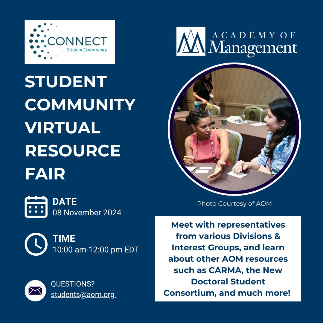Pedro Monteiro 🏳️🌈 (@bureaulab) on Twitter photo The AoM Student Community Virtual Resource Fair is happening tomorrow!
Come to connect and learn about the resources that we <a href="/AOM_OMT/">OMT Division</a> have to offer. <a href="/AOMConnect/">Academy of Management</a> @tineadam
📅 Event Date: November 8th at 9 am – 11 am CST
🔗 Registration Link: lnkd.in/ebidQ5eu The AoM Student Community Virtual Resource Fair is happening tomorrow!
Come to connect and learn about the resources that we <a href="/AOM_OMT/">OMT Division</a> have to offer. <a href="/AOMConnect/">Academy of Management</a> @tineadam
📅 Event Date: November 8th at 9 am – 11 am CST
🔗 Registration Link: lnkd.in/ebidQ5eu