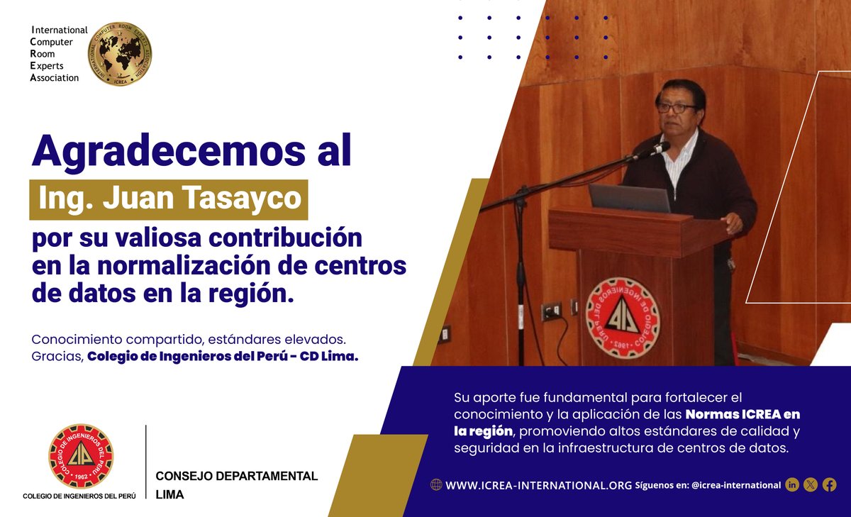 ICREAAuthority's tweet photo. 📢 ICREA expresa su reconocimiento y agradecimiento al Ingeniero Juan Tasayco Sotelo, Auditor ICREA y miembro destacado del Comité Internacional de la Norma ICREA, por su participación como expositor en el evento "La normalización en los centros de datos y el Software Libre". https://t.co/DYdewONYis