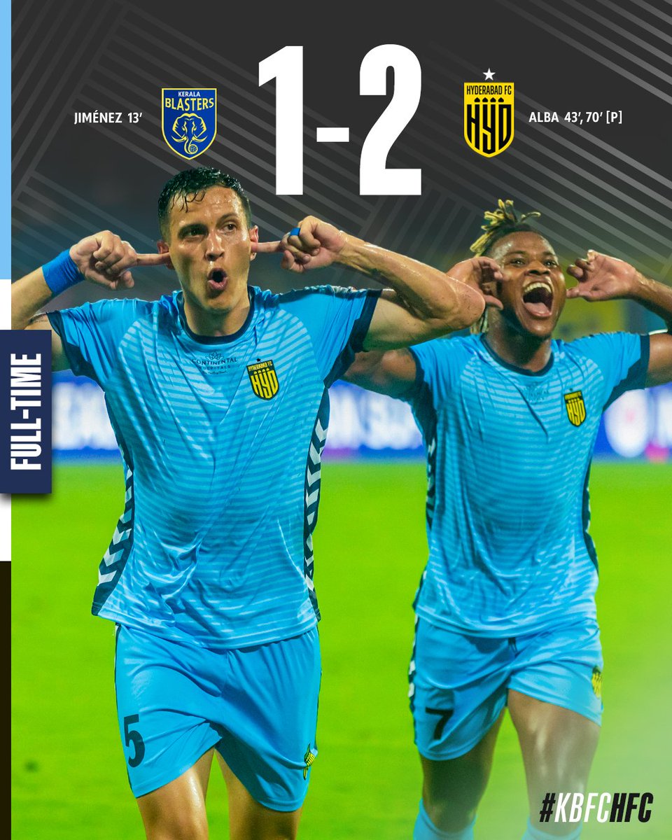 HydFCOfficial's tweet image. 🔥🔥 BRINGING ALL 3 POINTS BACK FROM KOCHI 🔥🔥

Back from a goal down but Andrei Alba wins it with a brace on a sparkling night in Kochi ✨️✨️

We are growing stronger by the game 👊

#KBFCHFC #TheNawabs 💛🖤