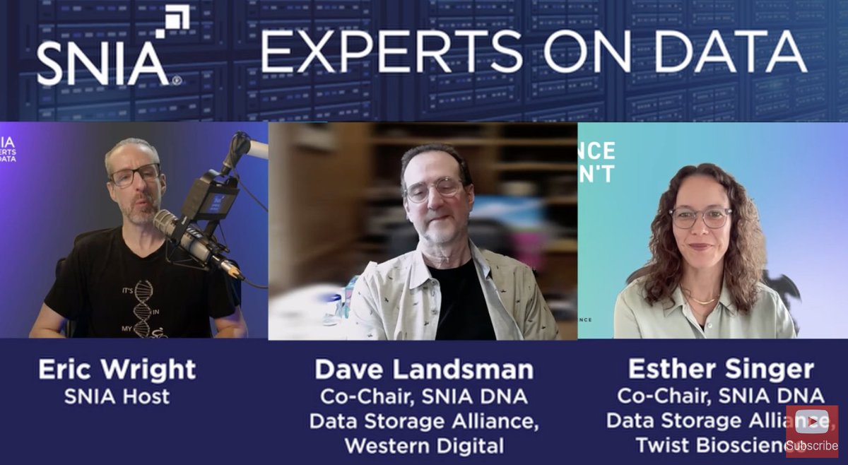 SNIA's tweet photo. Find out what's happening in the world of DNA Data Storage in this "SNIA Experts on Data" podcast with Dave Landsman and Esther Singer who explain DNA as a sustainable data storage solution to the insatiable demand for digital storage.  #DNADataStorage https://t.co/AzullV51EW https://t.co/5dF3YrpOkW