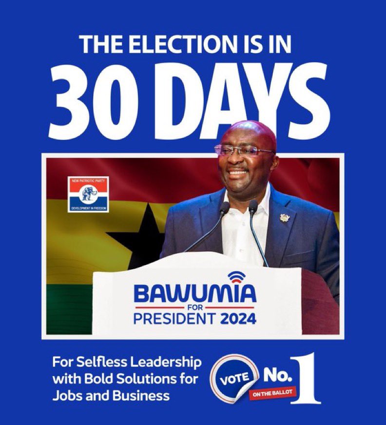 30 days to election. Dem go announce say Dr. Bawumia na him go win the 2024 elections.
 #Votenumber1
#ItIsPossible 
#Bawumia2024 
#BawumiaForPresident 
#BoldSolutionsForOurFuture