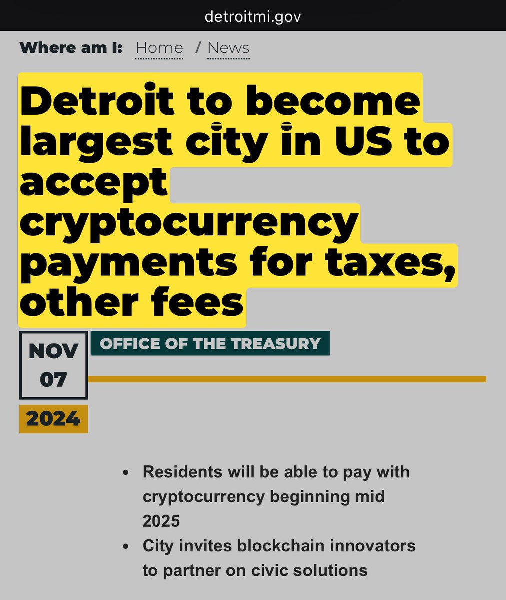 BitcoinArchive's tweet image. 💥 BREAKING: Detroit to become largest city in US to accept #Bitcoin and crypto payments for taxes and services.